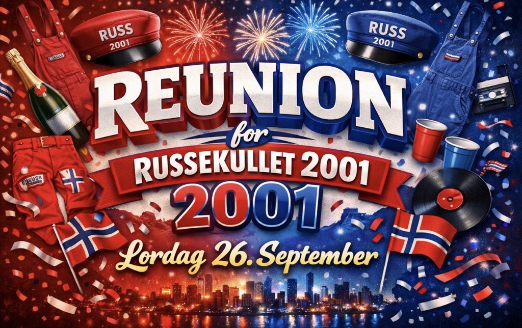 Reunion for Russekullet 2001 – plakat med russelue, champagne og fyrverkeri